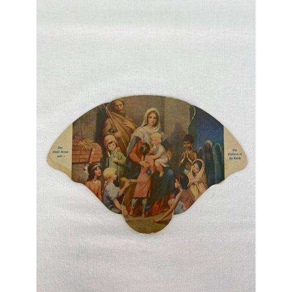Other - VTG The Child Jesus Mary and Children Cardboard Folding Fan Funeral Home Ad Dand